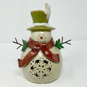 Kohl’s Snowman Tealight Candle Holder 10” Ceramic Winter Woodland Cut Outs